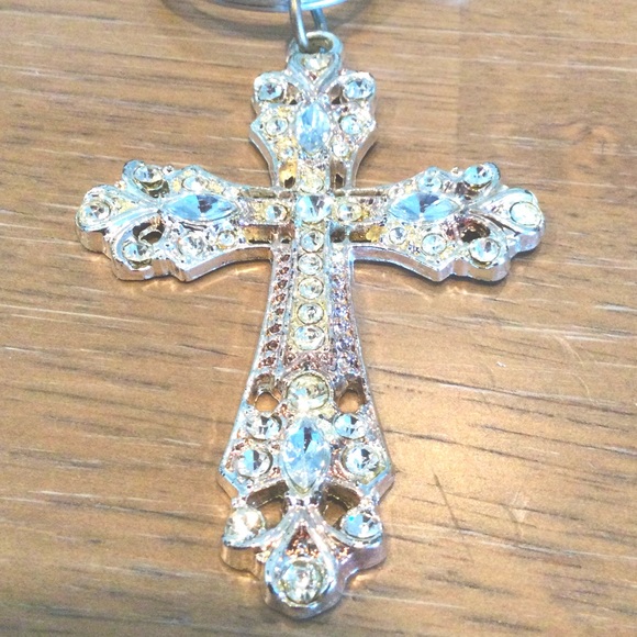 Key Chain w/ Crystal, Rhinestone Cross, Braided Rope - Picture 3 of 11
